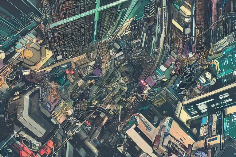 Image similar to a hyper-detailed cyberpunk illustration with a group of android females lying over an empty floor in various poses, with their bodies open and cables and wires coming out, by masamune shirow and katsuhiro otomo, view from above, close up