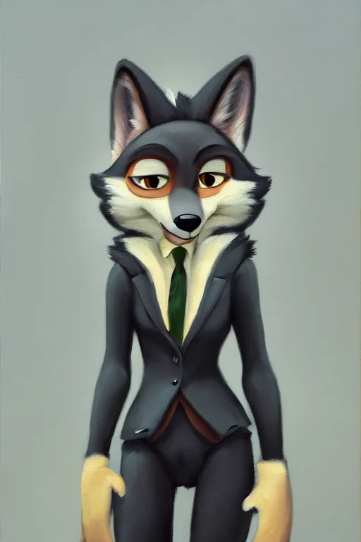 Prompt: oil painting of anthromorphic furry female wolf, in style of zootopia, female fursona, furry, furaffinity, 4 k, deviantart, furry art, fursona art, wearing black business suit, business suit, wolf fursona, female, smug expression,