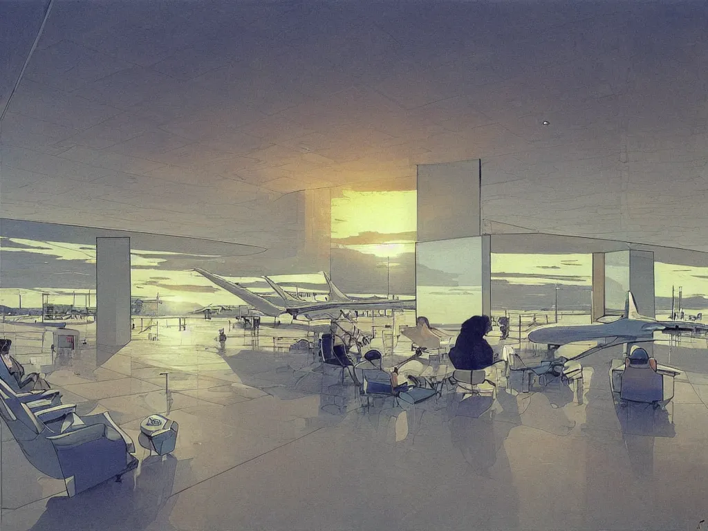 Image similar to sun setting in a airport lounge. tall, spacious, child watching landed airplane on the runway. painting by moebius