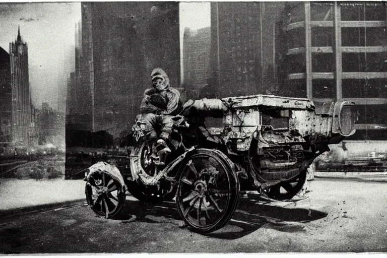 Prompt: cyberpunk 1 9 0 8 model ford t by paul lehr, metropolis, view over city, vintage film photo, damaged photo, scratched photo, scanned in, old photobook, silent movie, black and white photo