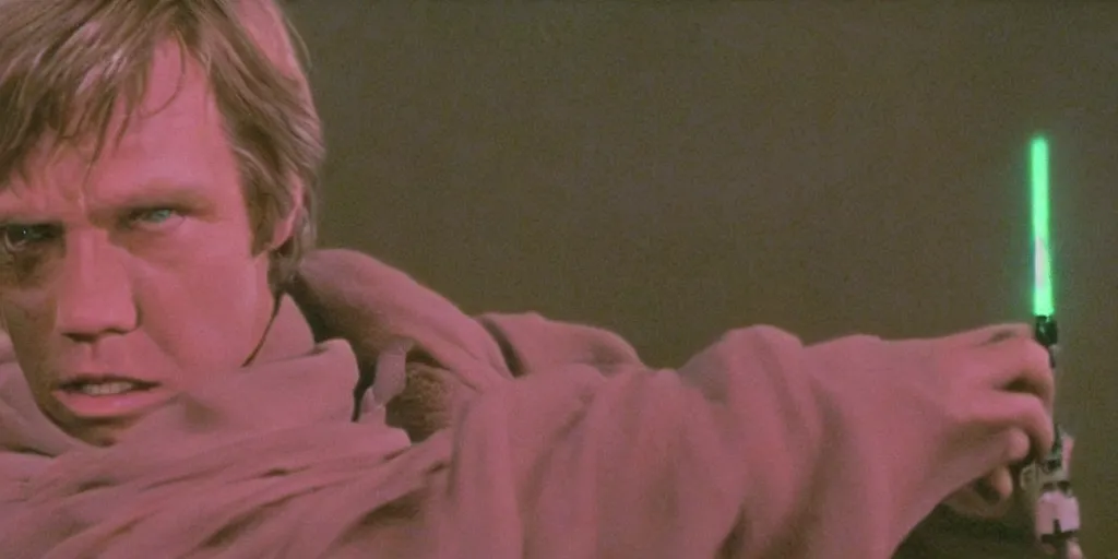 Image similar to screenshot from the film Star Wars The Lost Jedi 1982, of Luke Skywalker in dark jedi robe is lost on a surreal pink planet with black trees, minamilist 1980s sci fi film by Stanely Kubrick film, color kodak, Ektachrome, anamorphic lenses, detailed faces, hyper-realistic, photoreal, detailed portrait, moody award winning cinematography, beautiful lighting