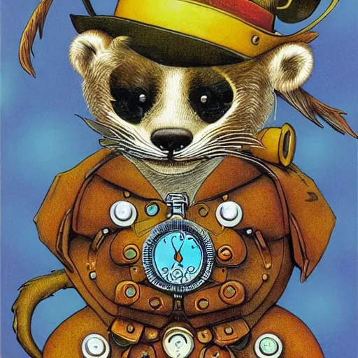 Image similar to steampunk otter inventor, fantasy illustration, Louis William Wain