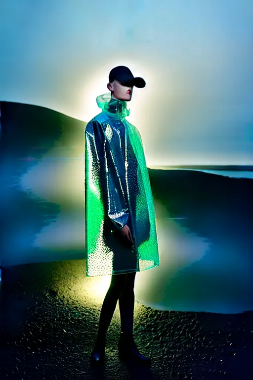 Image similar to an ultra high definition professional high fashion portrait studio full length photograph of a model wearing a transparent pearlescent raincoat and neon visor in an icelandic black rock environment at dawn. no artefacts. extremely detailed. stark. refraction. shallow depth of field. volumetric light and shadow. ray tracing. light rays.