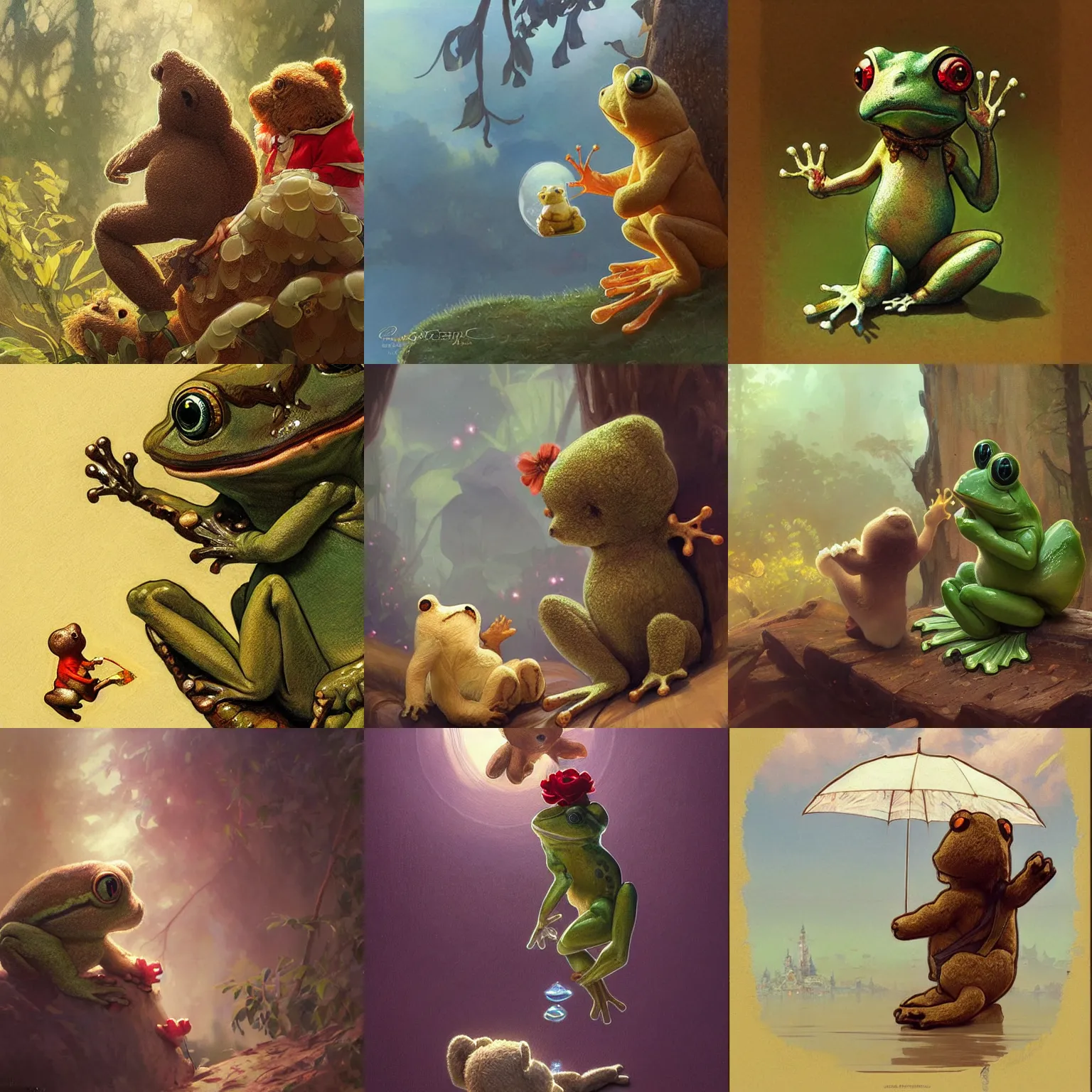 Prompt: a frog waving goodbye to a teddy bear, fairy tale, highly detailed, digital painting, artstation, concept art, sharp focus, illustration, art by artgerm and greg rutkowski and alphonse mucha