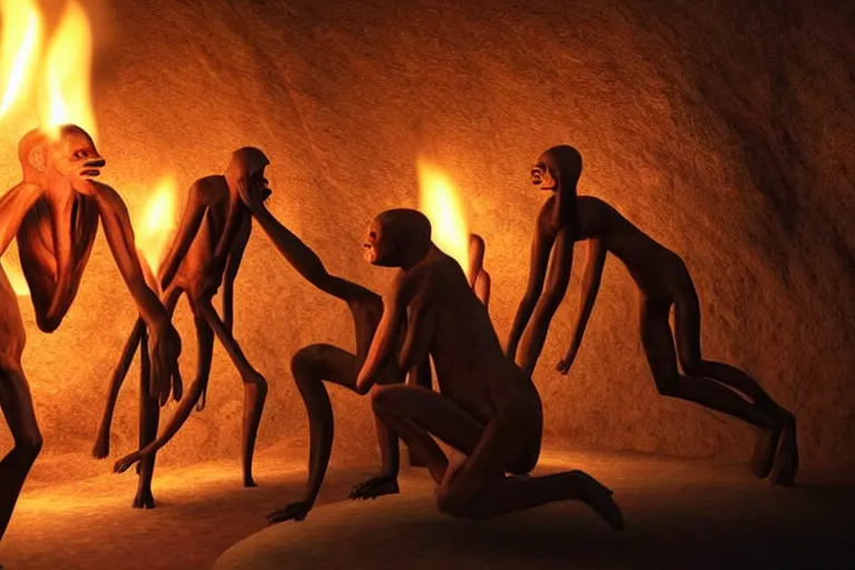 Image similar to still photo of ancient human ancestors discovering fire, highly detailed, photorealistic shot, bright studio setting, studio lighting, crisp quality and light reflections, unreal engine 5 quality render