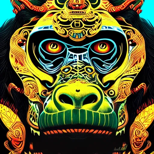 Image similar to barong family member face, face close up, wiwek, mara demon, one single tribe member, jungle, one single mask, dark, ancient warrior, gorilla, lizard, tribal, inner glow, art by dan mumford and justin gerard