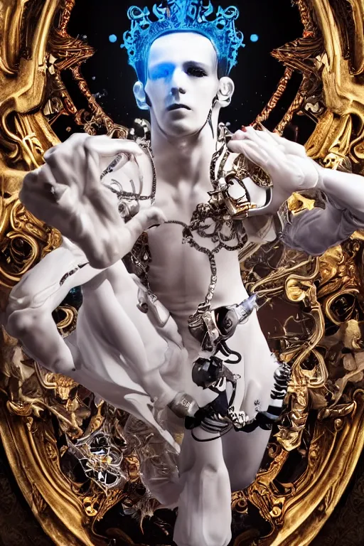 Prompt: full-body rococo and cyberpunk style porcelain and quartz statue of a young attractive gostoso Brazilian android man falling from the sky, glowing white laser eyes, prince crown of red gears, diamonds, swirling gold-colored silk fabric. futuristic elements. full-length view. steampunk robots. human skulls. intricate artwork by caravaggio. Trending on artstation, octane render, cinematic lighting from the right, hyper realism, octane render, 8k, depth of field, 3D