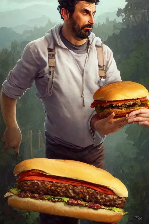 Prompt: ugly cottagecore ethan klein holding a big hamburger, unkempt Hair, dirty office room, intricate, elegant, highly detailed, digital painting, artstation, concept art, smooth, sharp, focus, illustration, art by artgerm and greg rutkowski and alphonse mucha