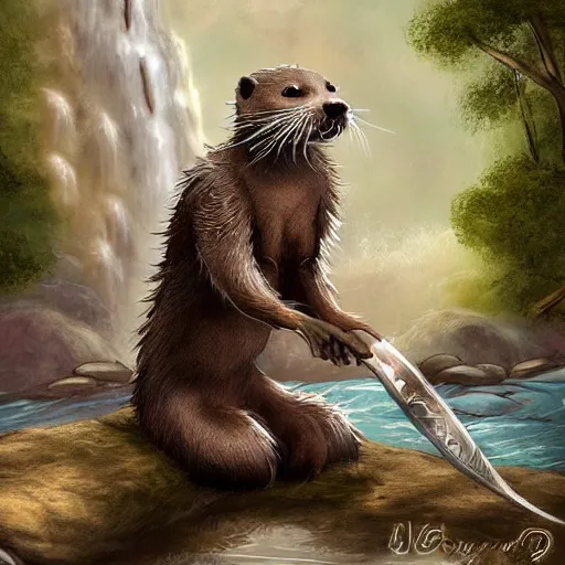 Prompt: furry otter warrior, fantasy art, lightweight armour, near the river, waterfall, digital art, high quality