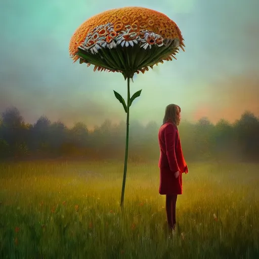 Image similar to giant daisy flower head, frontal, a girl in a suit, surreal photography, sunrise, dramatic light, impressionist painting, digital painting, artstation, simon stalenhag