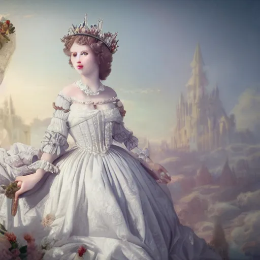 Image similar to a sweet queen with a white large magnificent more and more vaporous ,wrapped ,hight decorated, detailed ,white roses cotton cream dress shooting surrounded by a wonderful renaissance landscape background, octane,3d, surrealism 8k