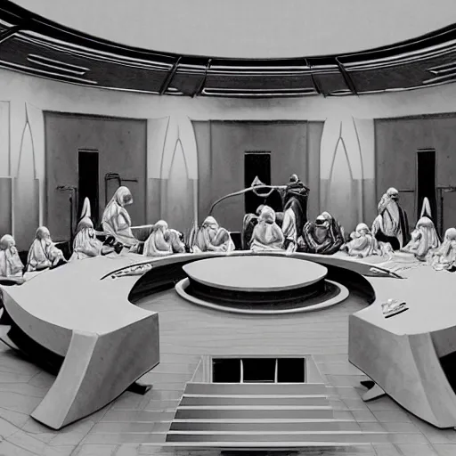 Prompt: the jedi council, wide angle shot, diffuse lighting, intricate, elegant, highly detailed, lifelike, photorealistic, sharp focus, a 2 4! film cinematography, cinematic, hyper realism, high detail, dream like atmosphere