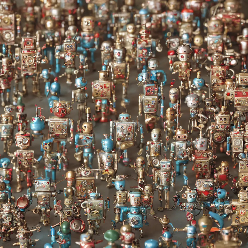 Image similar to closeup portrait of tin toy soldiers retro living room of robot family, depth of field, zeiss lens, detailed, centered, fashion photoshoot, by nicoletta ceccoli, mark ryden, lostfish, breathtaking, 8 k resolution, extremely detailed, beautiful, establishing shot, artistic, hyperrealistic, octane render, - h 8 0 4