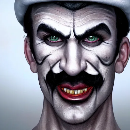 Image similar to Luigi in real life with joker makeup, realistic, very realistic, hyperrealistic, highly detailed, very detailed, extremely detailed, detailed, digital art, oil painting, trending on artstation, headshot and bodyshot, detailed face, very detailed face, extremely detailed face, HD Quality, 8k resolution