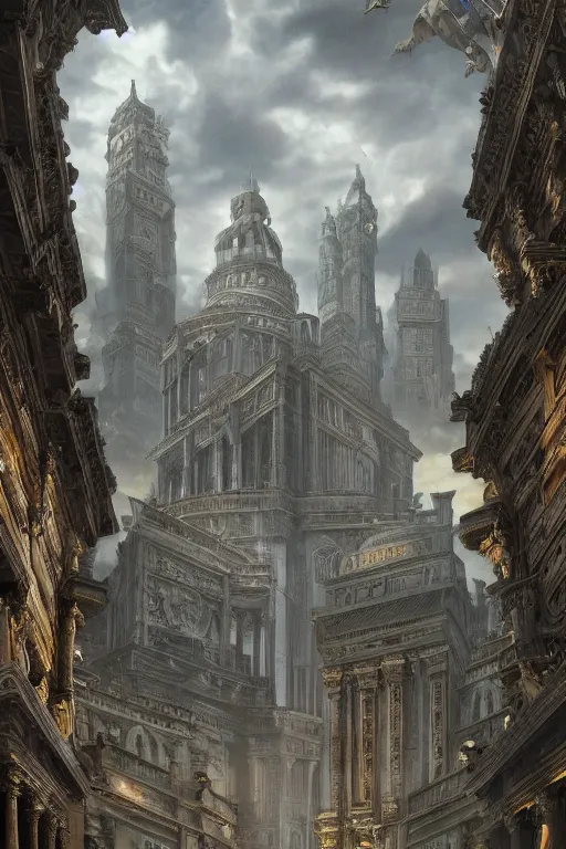 Image similar to gigantic palace, adorned pillars, towers, landscape, alex ross, neal Adams, david finch, concept art, matte painting, highly detailed, rule of thirds, dynamic lighting, cinematic, detailed, denoised, centerd