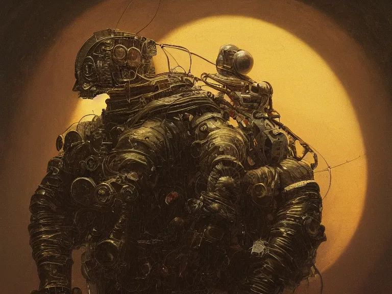 Image similar to a detailed profile painting of an explorer in a spacesuit with reflective visor, symmetrical and science fiction theme by beksinski carl spitzweg and tuomas korpi. baroque elements, full-length view. baroque element. intricate artwork by caravaggio. Trending on artstation. 8k