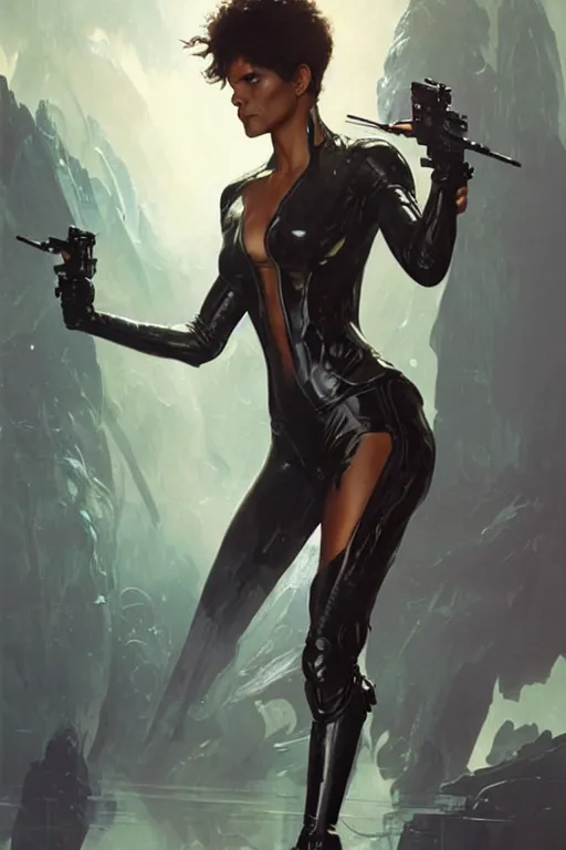 Image similar to halle berry storm as aeon flux profile picture by Greg Rutkowski, dynamic pose, intricate, futuristic, fantasy, elegant, by Stanley Artgerm Lau, greg rutkowski, thomas kindkade, alphonse mucha, loish, norman Rockwell,