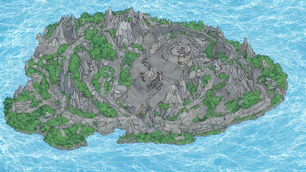Image similar to Aerial view of a wizard tower surrounded by: 1 an ice cave to the west 2 a fire cave to the east 3 a emerald mine to the north and 4 a diamond mine to the south, lineart, colored