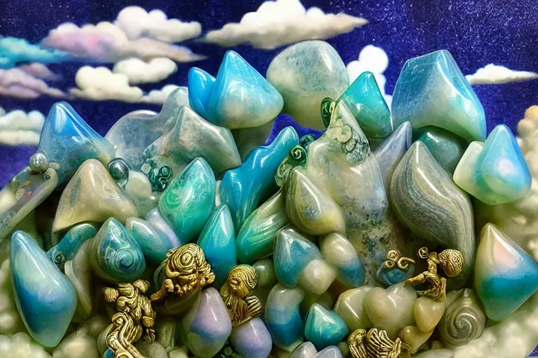 Prompt: a huge flock of many smooth puffy filigreed clouds. whirling ultra detailed gemstone crystals, art nouveau jungle environment, playful, award winning art, epic dreamlike fantasy landscape, ultra realistic,