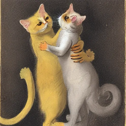 Image similar to two yellow cats hug each other ， rococo, 1 7 3 0, late baroque, antoine watteau