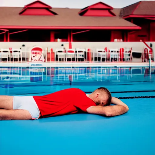 Prompt: lifeguard sleeping on the ground next to a pool, photography, 4 k, dim lighting