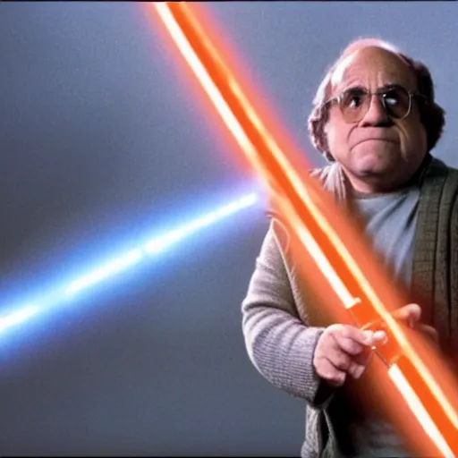 Image similar to movie still of Danny DeVito as Luke Skywalker with lightsaber