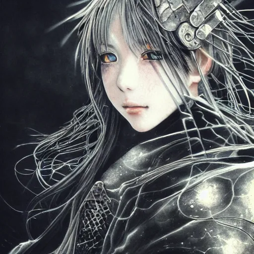 Image similar to Yoshitaka Amano realistic illustration of an anime girl with wavy white hair and cracks on her face wearing dark souls armour with the cape fluttering in the wind, abstract black and white patterns on the background, noisy film grain effect, highly detailed, Renaissance oil painting, weird portrait angle
