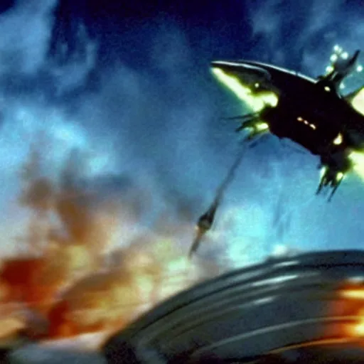 Prompt: movie still from independence day (1996), rendering of jennifer lawrence flying an alien ship,