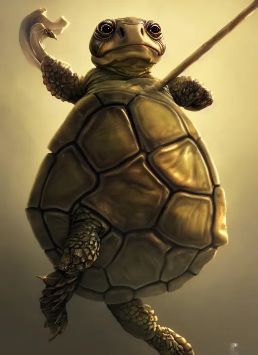 Image similar to cute wise sage turtle holding a staff, wearing a cloak, subsurface scattering, by jesper ejsing, justin gerard, tomasz alen kopera, cgsociety and fenghua zhong, highly detailed, rim light, cinematic lighting, illustration, art, octane render, very coherent, cinematic, hyper realism, high detail, octane render, 8 k