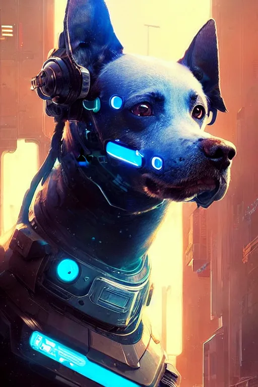 Image similar to a beautiful portrait of a cute cyberpunk dog with blue tinted view of space in the background by greg rutkowski and wlop, digital art, highly detailed, fine detail, intricate, ornate, complex