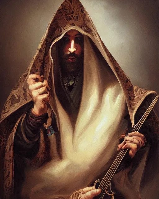 Image similar to baroque portrait of a shadowy man wearing a hooded cloak, playing a magical mandolin, gallery art by peter mohrbacher, artstation, artgate