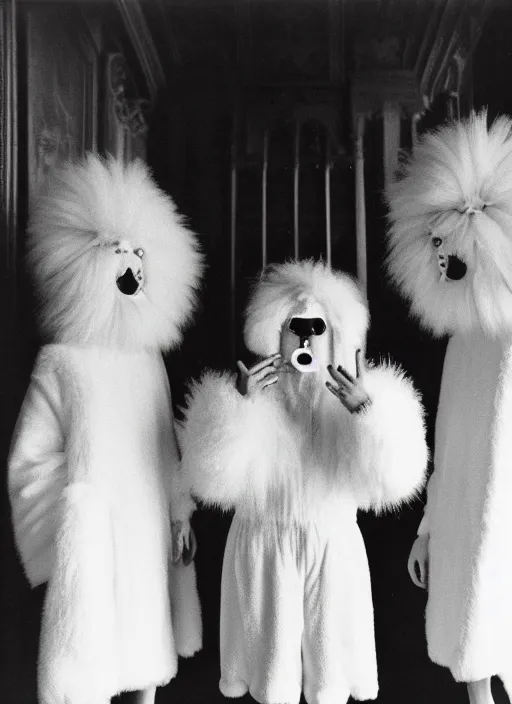 Image similar to realistic photo of the family wearing fluffy hairy masks, faceless, no face, white fluffy cotton shorts, white fluffy cloak, polished and fancy, standing in the wooden room full of wooden bird idol sculptures 1 9 9 0, life magazine reportage photo