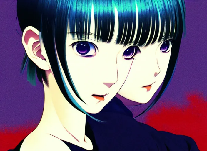 Image similar to ilya kuvshinov editorial illustration colorful anime portrait of shiina ringo, murata range, blue submarine no 6, manga, fine texture, detailed, perfect anime face, dramatic lighting, film grain, textured brush strokes, dynamic composition, moody, vivid, volumetric light, alphonse mucha, last exile, fine stippled lighting, tsuruta kenji