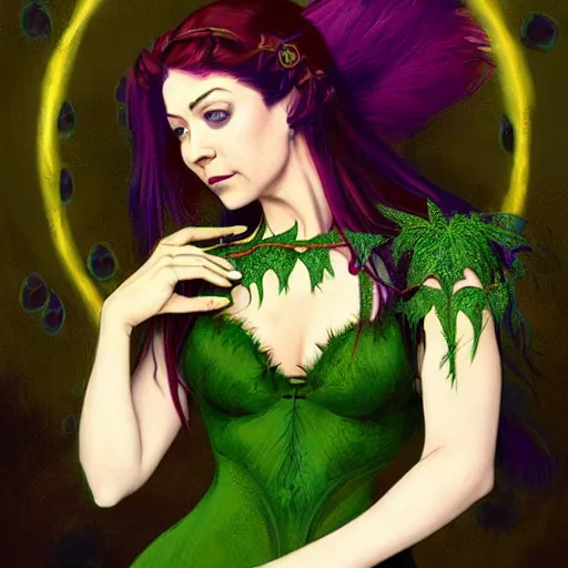 Prompt: a stunning tarot card of a beautiful alyson hannigan as a witch version of poison ivy with hair tied in a braid and wearing a seductive red and green dress, dark eyeliner, purple and green fire, intricate, elegant, highly detailed, digital painting, artstation, concept art, sharp focus, illustration, art by greg rutkowski and alphonse mucha