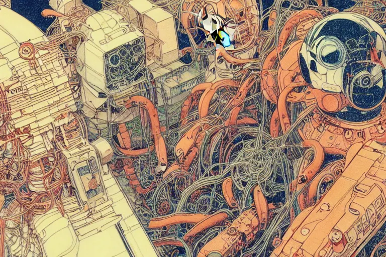 Prompt: risograph grainy drawing vintage sci - fi, satoshi kon color palette, gigantic gundam full - body covered with human bodies and wires, with lot tentacles, codex seraphinianus painting by moebius and satoshi kon and dirk dzimirsky close - up portrait