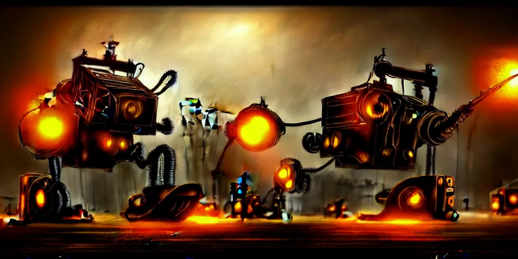 Image similar to steampunk robot wars, digital art, hard backlight, hyperrealistic, fantasy art, matte painting