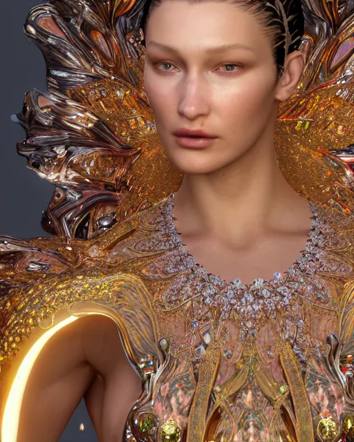 Image similar to a highly detailed metahuman 8 k close up render of bella hadid as surrealism renaissance in iris van herpen dress schiaparelli in diamonds crystals swarovski and jewelry iridescent in style of alphonse mucha gustav klimt trending on artstation made in unreal engine 4