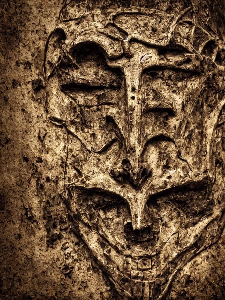 Image similar to extra wide view. an ominous dark ancient mask. barron. worn out photography. sepia. cracks. hyper - detailed. gothic steampunk. low poly medieval baroque. symmetric. epic. hyper - realistic. unreal render.