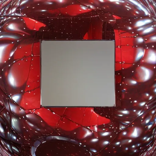 Prompt: chrome spheres on a red cube by alyssa monks