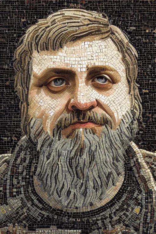 Prompt: intricate and ornately designed roman mosaic portrait of Zizek, 8k