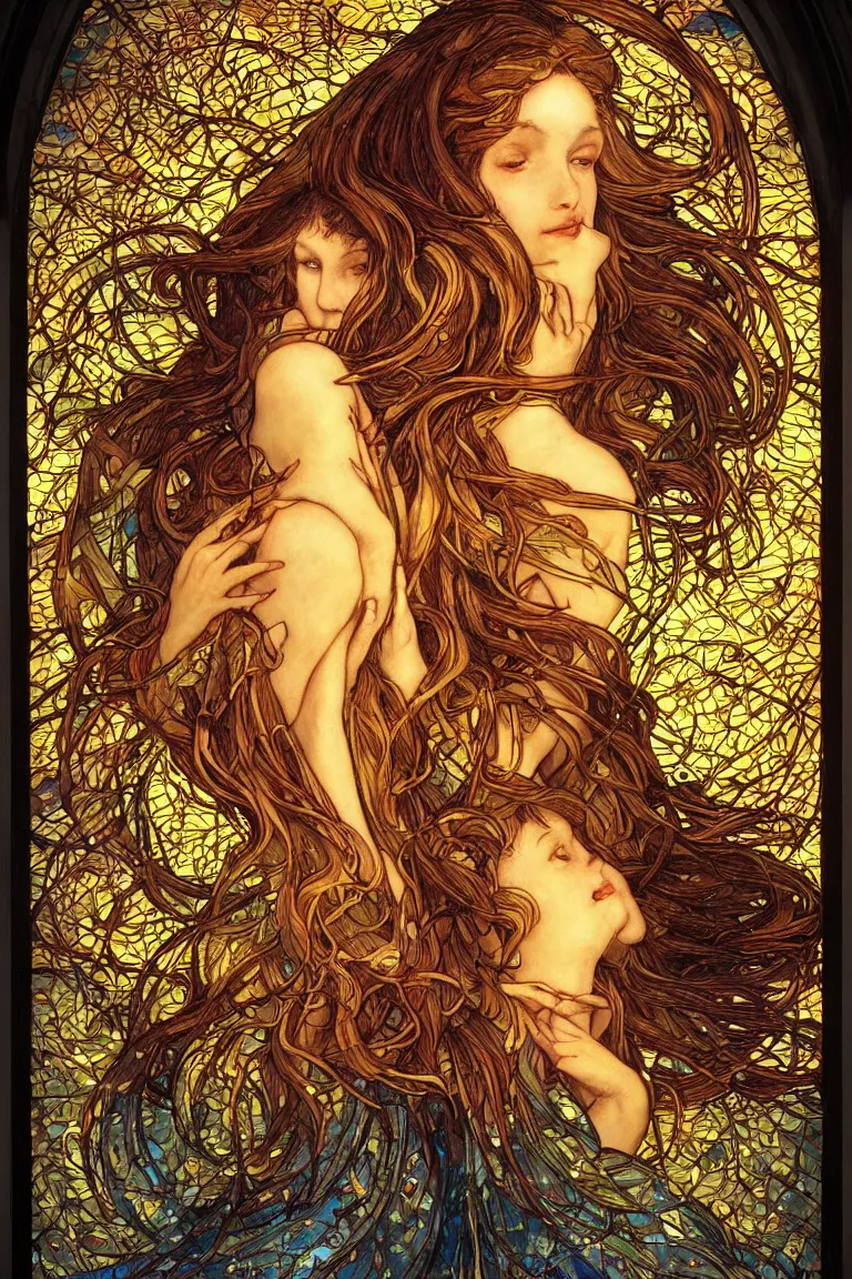 Prompt: ultra realist breathtaking detailed soft painting of a beautiful dancer girl, long fire hair and flying dress of fireflies, symmetrical facial features, christian saint, in the middle of a stained glass of flames, art nouveau frame, by wlop, Rebecca Guay, trending on artstation