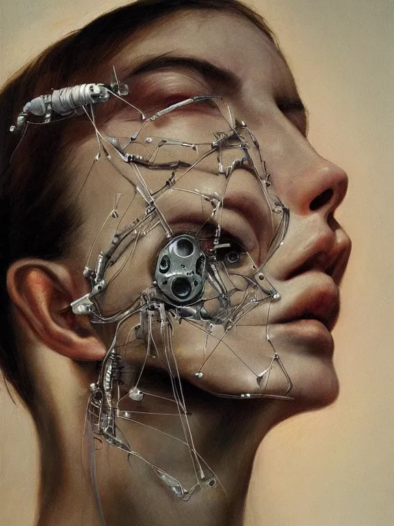 Image similar to cybernetic implants on face, metal jaw, usb port on forehead, portrait by jenny saville, calm, serene, relaxing, muted, naturalistic, minimalist