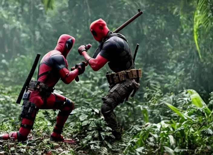 Prompt: film still of deadpool fighting in the jungles during the vietnam war in the new deadpool movie, 4 k