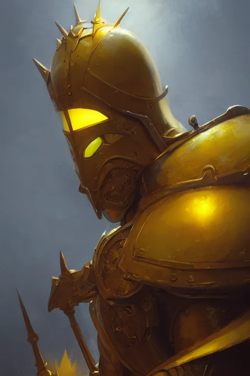 Image similar to A closeup of a yellow holy knight by Greg Rutkowski, Dan Mumford, Christophe Vacher, 4k photorealistic, volumetric lighting, HD, high details, dramatic, trending on artstation