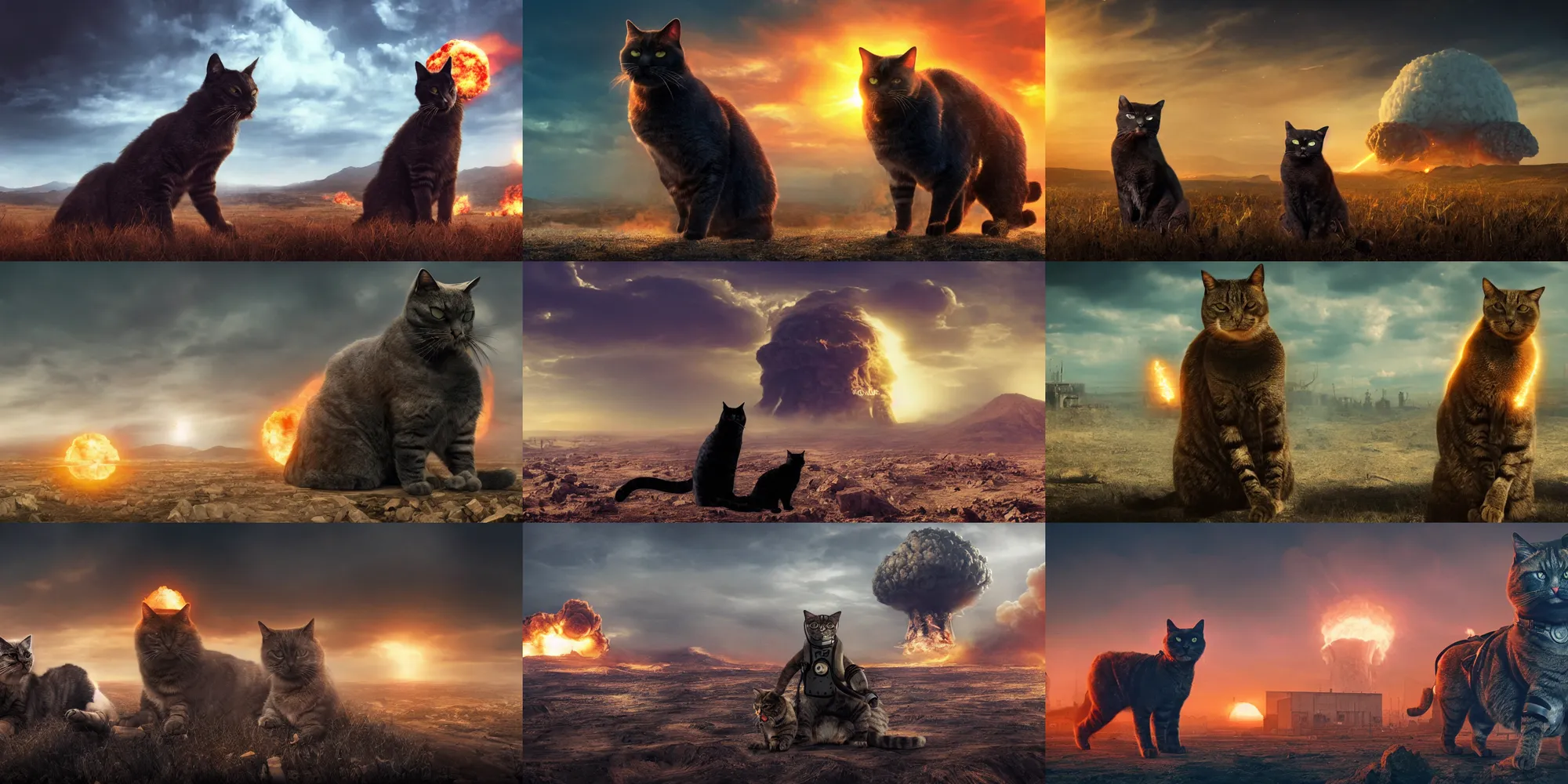 Prompt: Giant cat with a gas mask posing in front of a nuclear explosion, landscape, dystopian, movie still, ultra high detail, 8k, trending on artstation