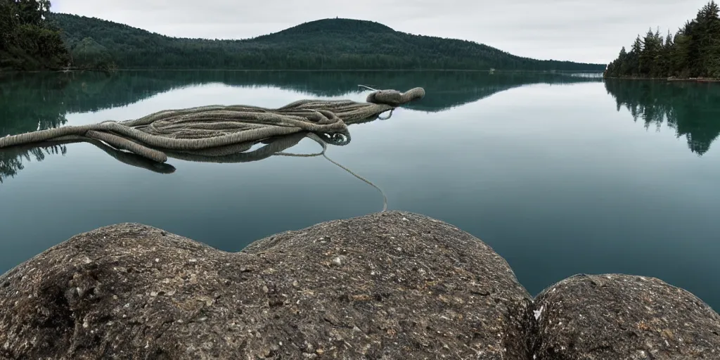 Prompt: centered photograph rope of a single line of long rope winding across the surface of the water into the distance, rope floating submerged rope stretching out towards the center of the lake, a dark lake on a cloudy day, color film, rocky shore foreground and trees in the background, hyper - detailed photo, anamorphic lens