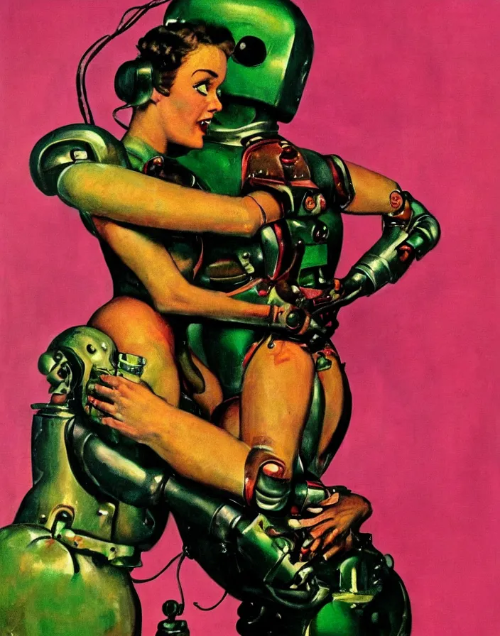 Image similar to a female housewife being hugged by a manly metal - suited robot 1 9 5 0 s horror film movie poster style norman rockwell oil painting, saturated pink and green lighting, shadowy lighting, cohesive