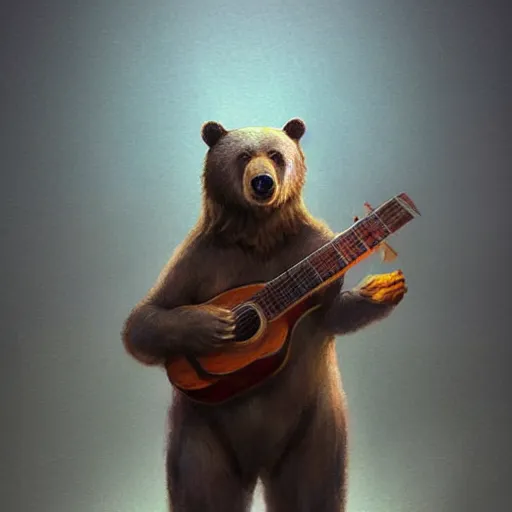 Image similar to realistic bear holding a triangular wooden triangle + guitar sound hole + guitar neck, highly detailed, digital painting, artstation, concept art, smooth, sharp focus, illustration, cinematic lighting, art by artgerm and greg rutkowski and alphonse mucha