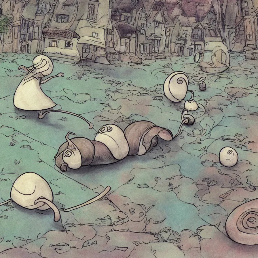 Image similar to A perfectly drawn snail is walking on the ground, art by Hayao Miyazaki, whimsical, anime, children's illustration