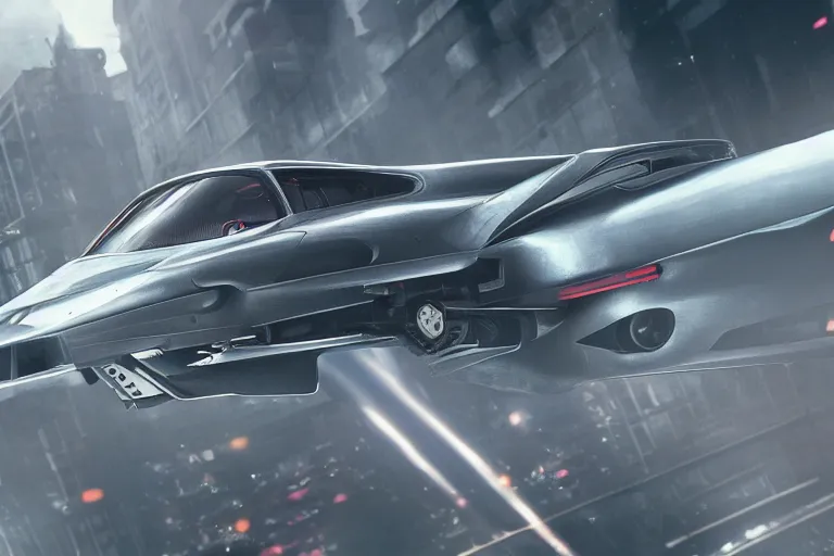 Image similar to porsche 9 5 9 rwb cyberpunk fighter jet flying over a city, back to the future flux capacitor, a hyper - futuristic detailed matte painting by zack snyder, trending on cg society, auto - destructive art, vray tracing, unreal engine 5, reimagined by industrial light and magic